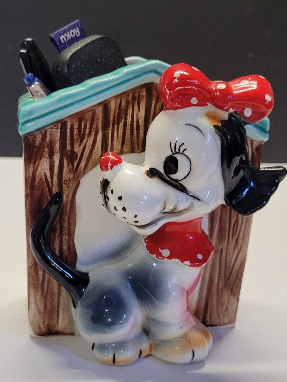 Vintage ARTMARK Ceramic Polka Dot Bow Puppy MATCH Holder-Japan
